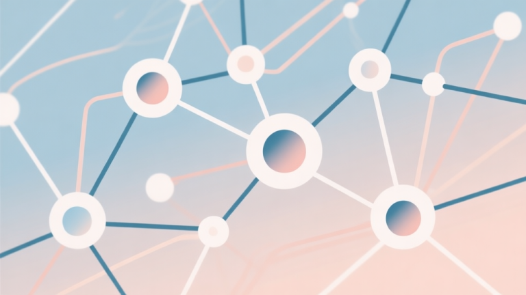 自动生成图片: Abstract network nodes connected by lines, soft color scheme, clean minimal illustration, modern digital concept of community and creativity high quality illustration, detailed, 16:9