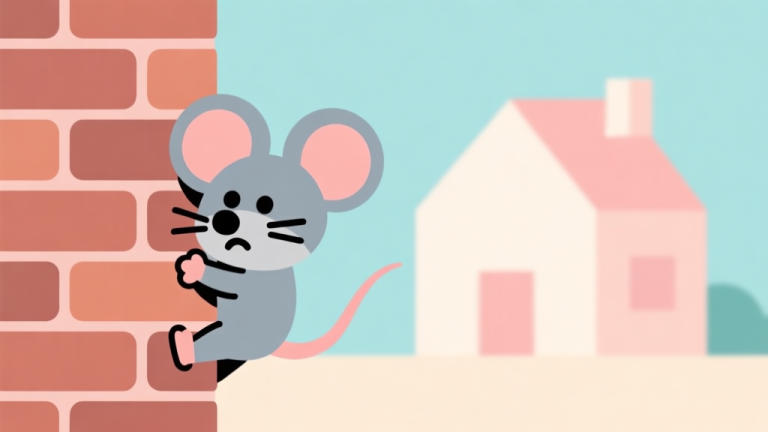 自动生成图片: A cute cartoon mouse character clinging to a brick wall, looking determined, with simple geometric shapes representing a house in the background, soft pastel colors, flat design style, clean and minimalist high quality illustration, detailed, 16:9