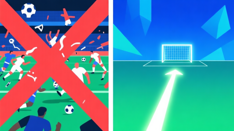 自动生成图片: A split-screen concept illustration. Left side shows a chaotic football game scene with red crosses over failed actions. Right side shows a clean, strategic path leading to a goal, highlighted with a glowing arrow. Minimalist style, blue and green gradient background, geometric shapes representing players high quality illustration, detailed, 16:9