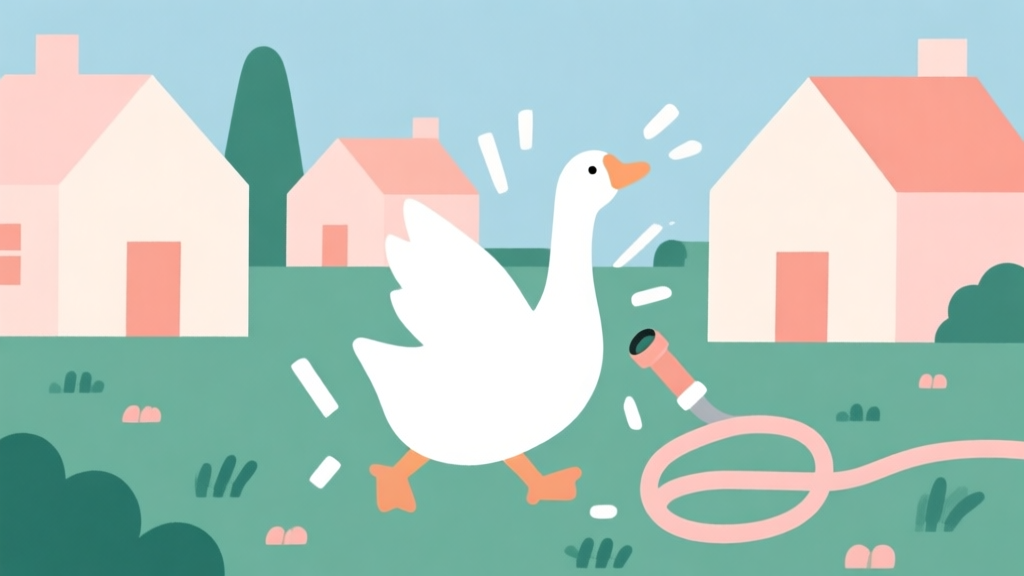 A minimalist, playful illustration of a white goose silhouette causing playful chaos in a neat village, with simple geometric shapes for houses and a scattered garden hose, soft pastel colors, clean lines, flat design style high quality illustration, detailed, 16:9