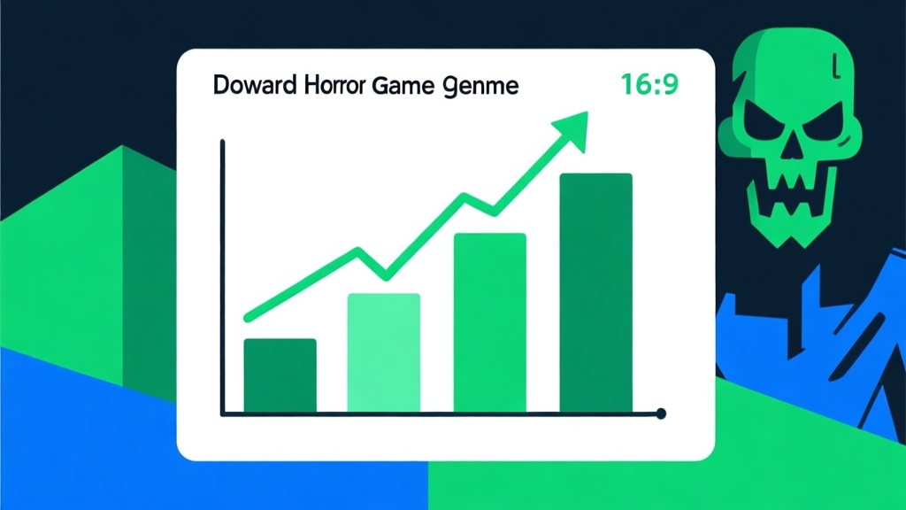 Upward trending graph with simple geometric elements, green and blue color palette, clean business infographic style, minimal design, representing growth of horror game genre high quality illustration, detailed, 16:9