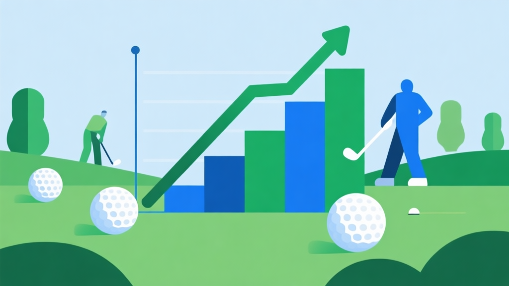 Upward trending graph with simple geometric elements representing golf balls and players, green and blue color palette, clean business infographic style, minimal design high quality illustration, detailed, 16:9