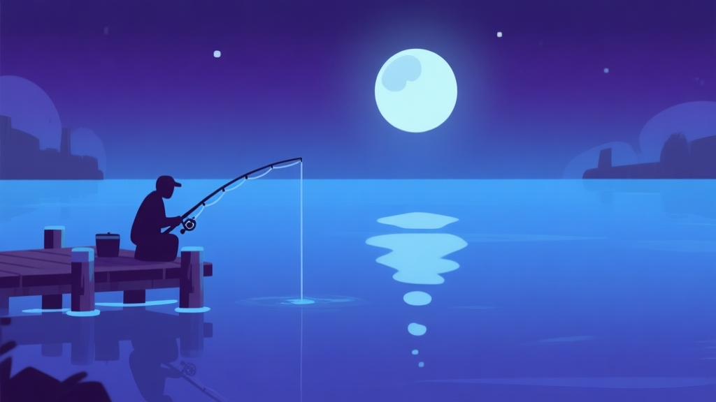 Serene night fishing scene at a digital dock, moonlight reflecting on calm water, simple fishing rod silhouette, soft blue and dark purple color palette, minimalist game art style high quality illustration, detailed, 16:9