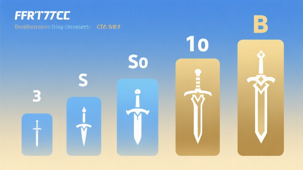 Tier list infographic for fantasy sword characters, showing S to B tiers in vertical bars, minimalist design with sword icons, soft blue and gold gradient background, professional esports style high quality illustration, detailed, 16:9
