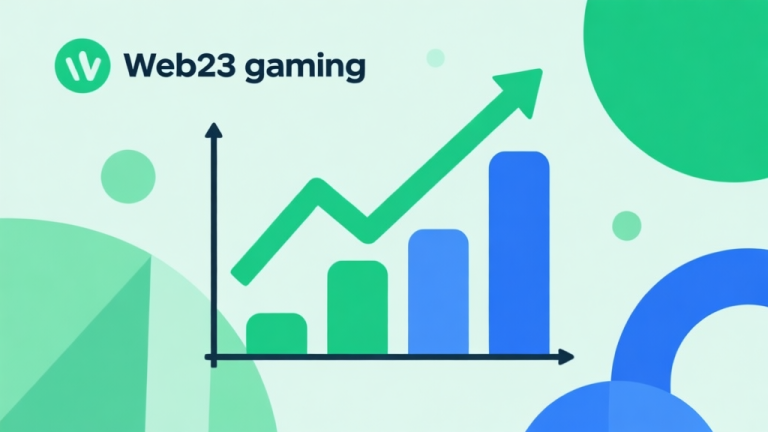 自动生成图片: Upward trending graph with simple geometric elements, green and blue color palette, clean business infographic style, minimal design, representing growth of Web3 gaming high quality illustration, detailed, 16:9