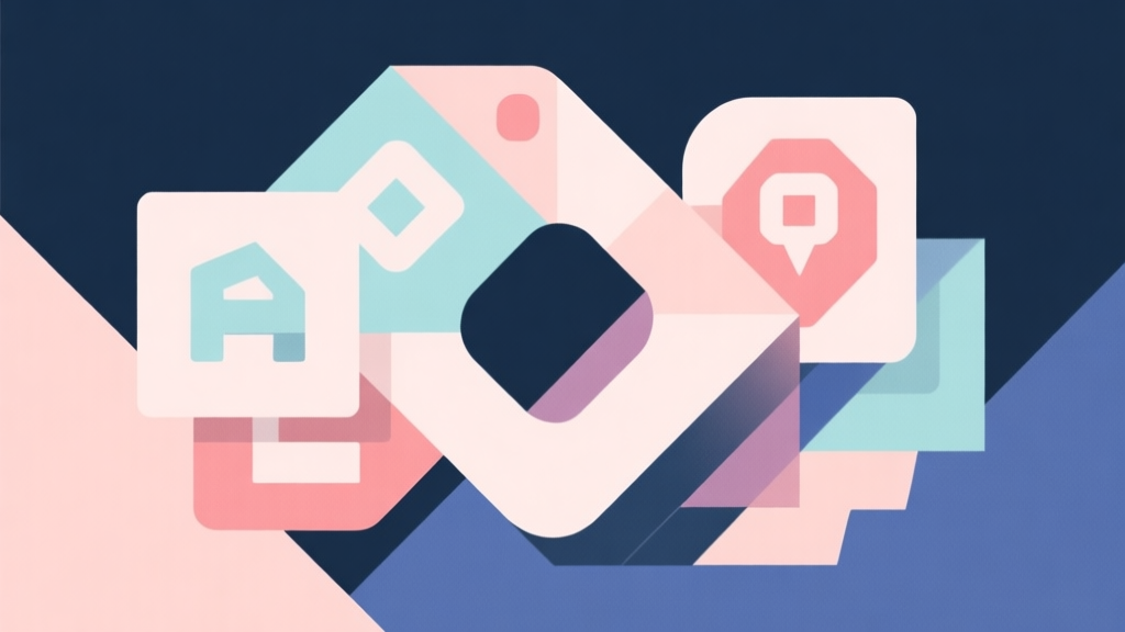 Abstract geometric composition with overlapping shapes representing game genres, soft pastel colors, modern minimal style, professional business concept illustration of fusion and integration high quality illustration, detailed, 16:9