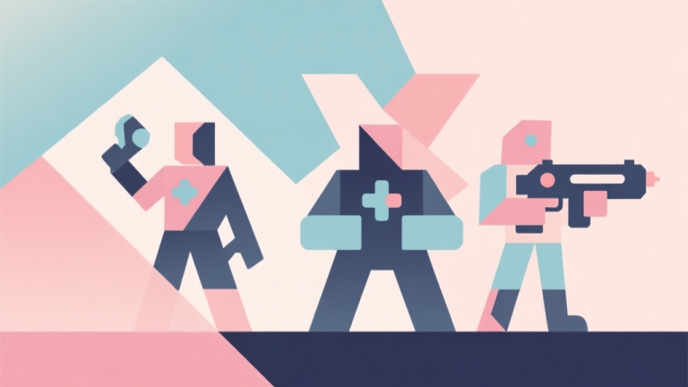 自动生成图片: Abstract geometric composition with overlapping shapes representing game characters and weapons, soft pastel colors, modern minimal style, professional gaming concept illustration high quality illustration, detailed, 16:9