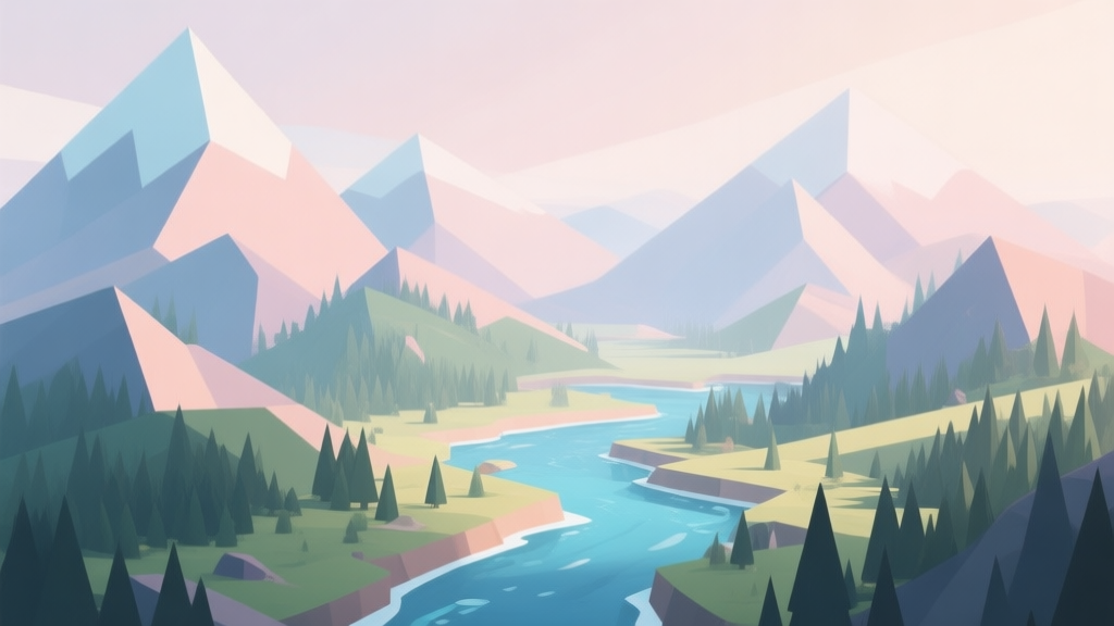 Abstract geometric composition with overlapping mountains, forests, and rivers forming a vast landscape, soft pastel colors, modern minimal style, professional game world concept illustration high quality illustration, detailed, 16:9