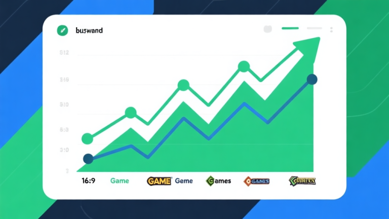 自动生成图片: Upward trending graph with simple geometric elements, green and blue color palette, clean business infographic style, minimal design, showing multiple rising lines labeled with game genres high quality illustration, detailed, 16:9