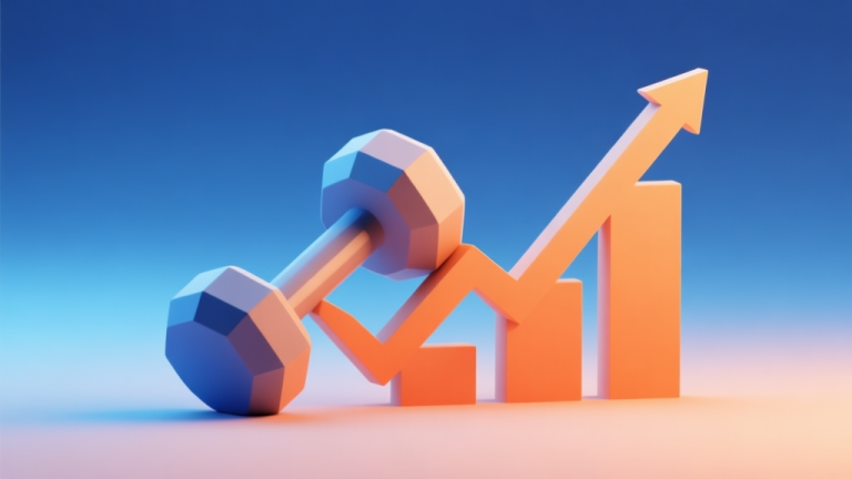 自动生成图片: Abstract geometric composition showing a dumbbell morphing into a trending graph, soft gradient background of blue and orange, clean minimal style, digital growth concept high quality illustration, detailed, 16:9