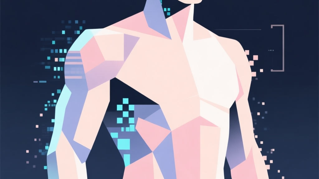 Abstract geometric composition with overlapping shapes representing body and digital pixels, soft pastel colors, modern minimal style, professional fitness-tech concept illustration high quality illustration, detailed, 16:9