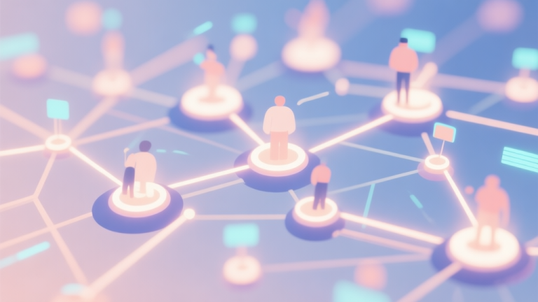 自动生成图片: Abstract network nodes connected by lines, glowing with activity, representing a vibrant gaming community, soft color scheme, clean minimal illustration, modern digital concept high quality illustration, detailed, 16:9