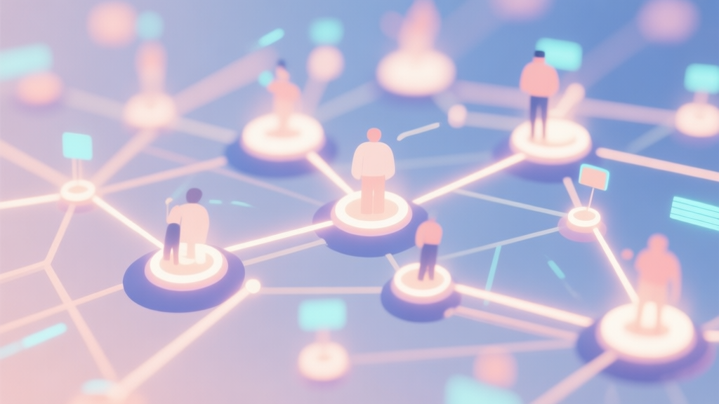 Abstract network nodes connected by lines, glowing with activity, representing a vibrant gaming community, soft color scheme, clean minimal illustration, modern digital concept high quality illustration, detailed, 16:9
