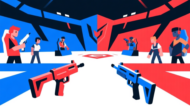 自动生成图片: Abstract geometric composition of game weapons and avatars in a competitive arena setting, dynamic angles, vibrant gaming colors with a focus on red and blue, clean esports illustration style, minimalist background high quality illustration, detailed, 16:9