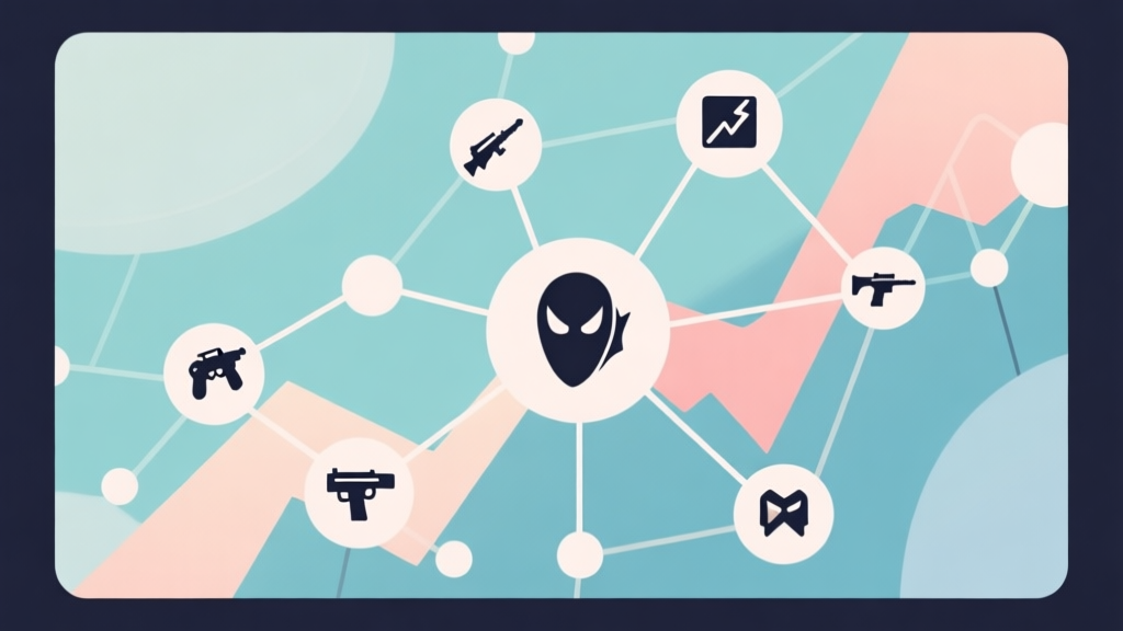 Abstract network nodes connected by lines representing game trends, stealth and action icons blending, soft color scheme, clean minimal illustration, modern digital concept high quality illustration, detailed, 16:9