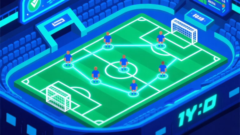 自动生成图片: A vibrant, stylized isometric view of a digital football stadium with player icons forming different tactical shapes, glowing connection lines between them, dynamic blue and green color scheme, modern game UI elements, clean and energetic esports illustration high quality illustration, detailed, 16:9