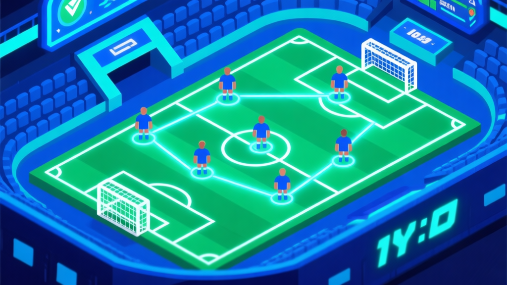 A vibrant, stylized isometric view of a digital football stadium with player icons forming different tactical shapes, glowing connection lines between them, dynamic blue and green color scheme, modern game UI elements, clean and energetic esports illustration high quality illustration, detailed, 16:9