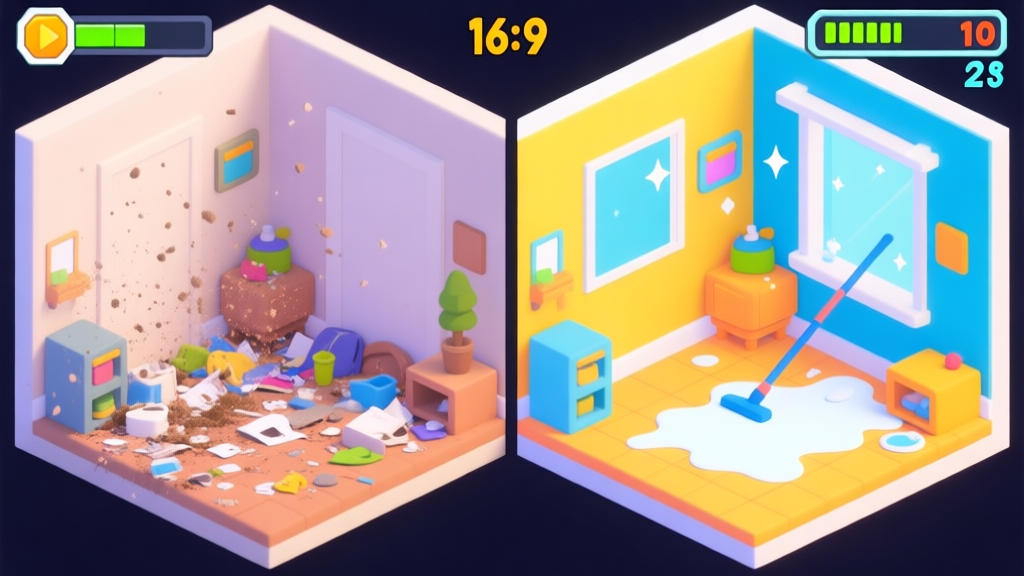 A vibrant, clean isometric room interior before and after cleaning split-screen. Left side shows a messy room with dust particles and clutter, right side shows it perfectly clean and sparkling. Bright, cheerful color palette, clean lines, video game UI overlay with score and timer. high quality illustration, detailed, 16:9