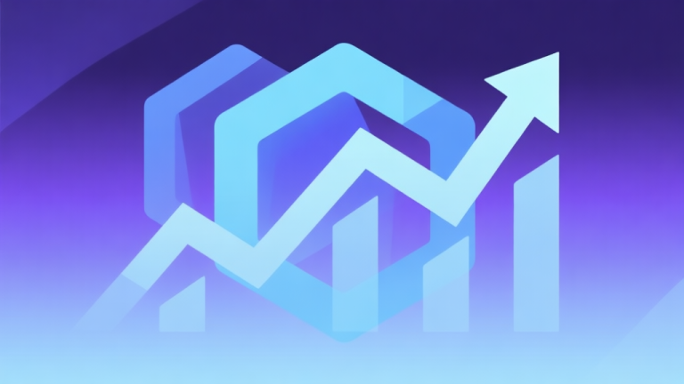 自动生成图片: Abstract geometric composition with overlapping hexagons and rising graphs, soft blue and purple gradient background, modern gaming concept, minimalist design, symbolizing growth and strategy in idle games high quality illustration, detailed, 16:9