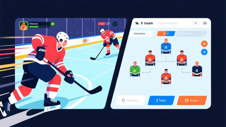 自动生成图片: Dynamic split-screen illustration showing fast-paced hockey gameplay on one side and a strategic team formation menu on the other, vibrant gaming style, clean interface, action and strategy concept high quality illustration, detailed, 16:9
