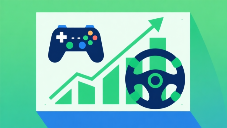 自动生成图片: Upward trending graph with simple geometric elements representing game controller and steering wheel, green and blue color palette, clean business infographic style, minimal design high quality illustration, detailed, 16:9