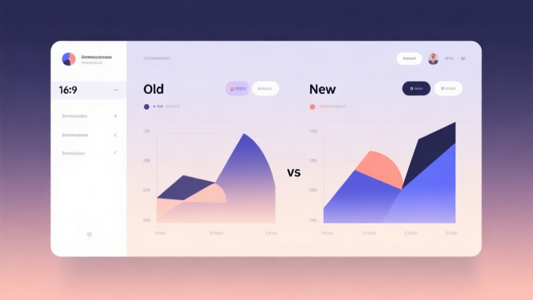自动生成图片: Minimalist business dashboard with abstract data visualization comparing old vs new strategies, soft gradient background, professional color scheme, clean geometric shapes, flat design style high quality illustration, detailed, 16:9