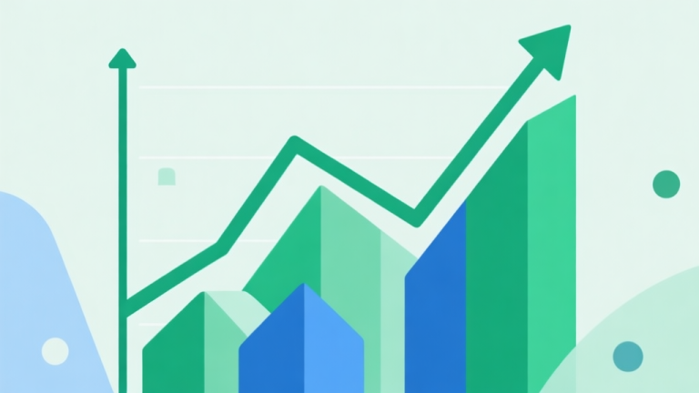 自动生成图片: Upward trending graph with simple geometric elements, green and blue color palette, clean business infographic style, minimal design, representing market growth and trends high quality illustration, detailed, 16:9
