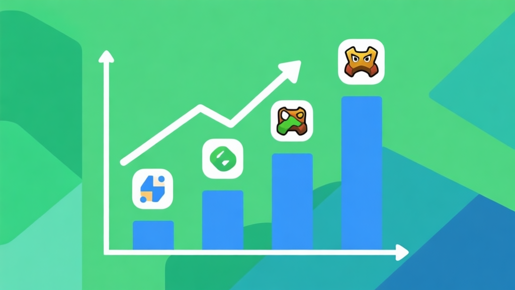 Upward trending graph with simple geometric elements, green and blue color palette, clean business infographic style, minimal design, showing mobile game icons rising high quality illustration, detailed, 16:9