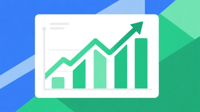 自动生成图片: Upward trending graph with simple geometric elements, green and blue color palette, clean business infographic style, minimal design, representing market growth high quality illustration, detailed, 16:9