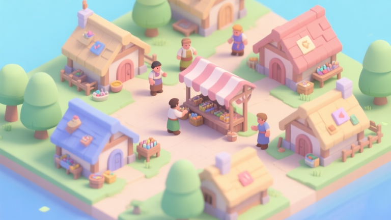 自动生成图片: A serene, isometric view of a vibrant digital village with various crafting huts, a central marketplace, and villagers exchanging goods, soft pastel colors, clean game UI style, minimalist detail high quality illustration, detailed, 16:9