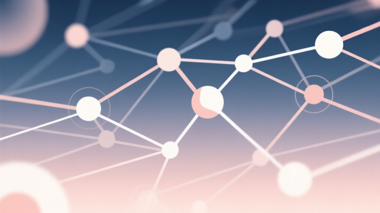 自动生成图片: Abstract network nodes connected by lines, soft color scheme, clean minimal illustration, modern digital concept representing social competition and trends high quality illustration, detailed, 16:9