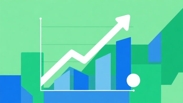 自动生成图片: Upward trending graph with simple geometric elements, green and blue color palette, clean business infographic style, minimal design high quality illustration, detailed, 16:9