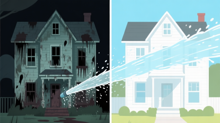 自动生成图片: A split-screen image showing a dirty, spooky haunted house facade on the left, and a perfectly clean, bright version on the right. High-pressure water streams with satisfying particle effects. Minimalist, clean visual style with a focus on the transformation. high quality illustration, detailed, 16:9