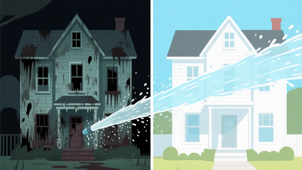 A split-screen image showing a dirty, spooky haunted house facade on the left, and a perfectly clean, bright version on the right. High-pressure water streams with satisfying particle effects. Minimalist, clean visual style with a focus on the transformation. high quality illustration, detailed, 16:9