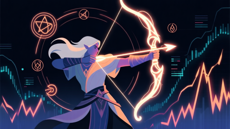 自动生成图片: A dynamic, stylized illustration of a fantasy archer drawing a glowing, elemental bow, surrounded by swirling arcane symbols and digital data graphs showing damage spikes, minimalist design with vibrant energy accents on a dark background high quality illustration, detailed, 16:9