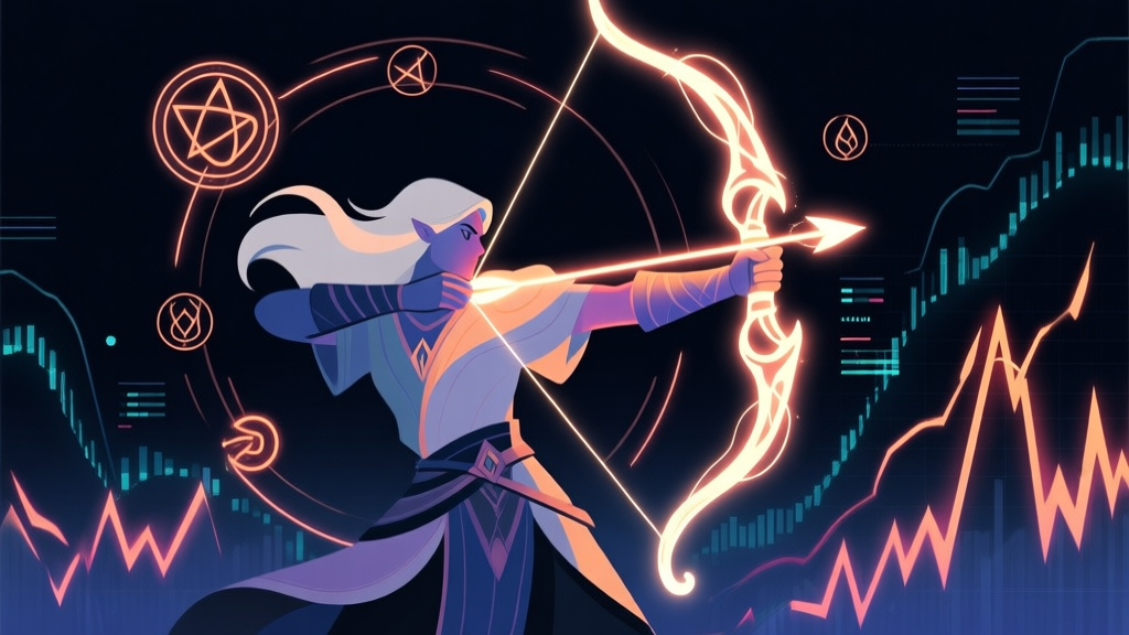 A dynamic, stylized illustration of a fantasy archer drawing a glowing, elemental bow, surrounded by swirling arcane symbols and digital data graphs showing damage spikes, minimalist design with vibrant energy accents on a dark background high quality illustration, detailed, 16:9