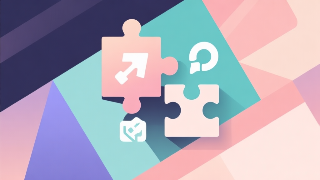 Abstract geometric composition with overlapping shapes representing puzzle and action icons, soft pastel colors, modern minimal style, professional game design concept illustration high quality illustration, detailed, 16:9