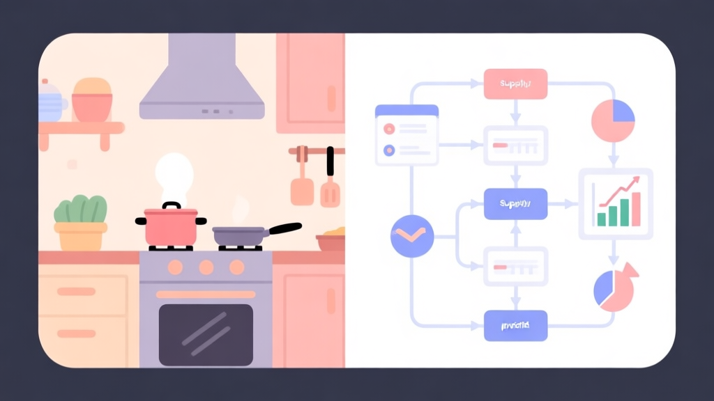 A split-screen image contrasting two concepts: left side shows cozy, cartoonish kitchen with simple cooking, right side shows a complex business flowchart with supply chains and profit graphs, minimalist design with soft pastel colors high quality illustration, detailed, 16:9