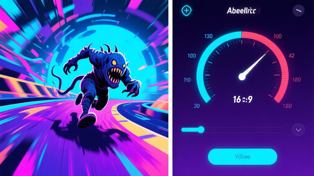 A dynamic, stylized split-screen image showing a monstrous creature racing on a vibrant, chaotic track on one side, and a clean, minimalist UI with speed and ability meters on the other, using a bold color palette of neon blues and deep purples, cinematic video game concept art style high quality illustration, detailed, 16:9