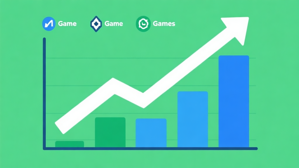 Upward trending graph with simple geometric elements representing different game genres, green and blue color palette, clean business infographic style, minimal design high quality illustration, detailed, 16:9