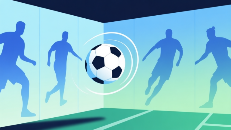 自动生成图片: A dynamic, minimalist illustration of a soccer ball's trajectory curving around a wall of abstract player silhouettes. Soft blue and green gradient background, clean lines showing ball spin and path, professional gaming concept style high quality illustration, detailed, 16:9