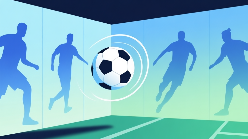 A dynamic, minimalist illustration of a soccer ball's trajectory curving around a wall of abstract player silhouettes. Soft blue and green gradient background, clean lines showing ball spin and path, professional gaming concept style high quality illustration, detailed, 16:9