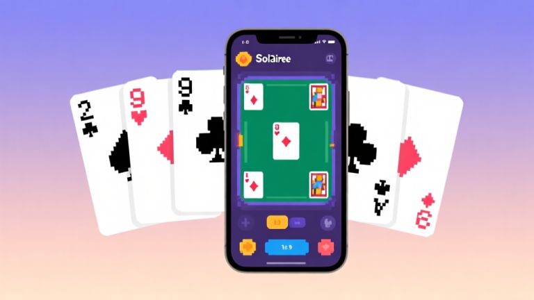 自动生成图片: A minimalist illustration showing a smartphone screen with a vibrant, modern Solitaire game interface, overlayed on a background of classic pixelated cards from the 90s. Soft gradient background, clean design, representing the evolution of a classic game. high quality illustration, detailed, 16:9