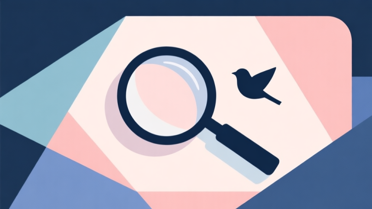 自动生成图片: Abstract geometric composition with overlapping shapes forming a magnifying glass and a simple bird silhouette, soft pastel colors, modern minimal style, professional business concept illustration of search and discovery high quality illustration, detailed, 16:9