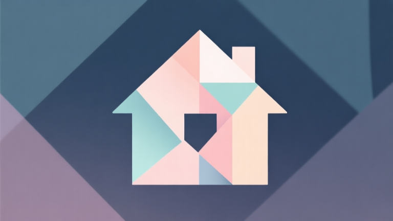 自动生成图片: Abstract geometric composition with overlapping shapes forming a house icon, soft pastel colors, modern minimal style, professional business concept illustration of growth and customization high quality illustration, detailed, 16:9