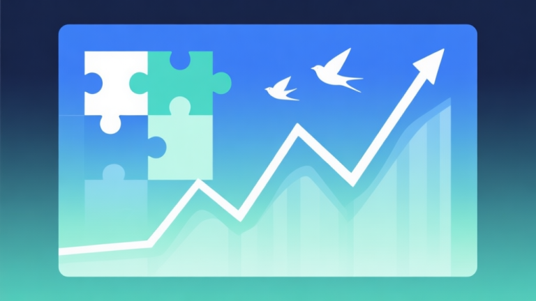 自动生成图片: Minimalist business dashboard with abstract data visualization showing upward trend lines, soft gradient background in blue and green, professional color scheme, clean geometric shapes representing puzzle pieces and birds, flat design style high quality illustration, detailed, 16:9