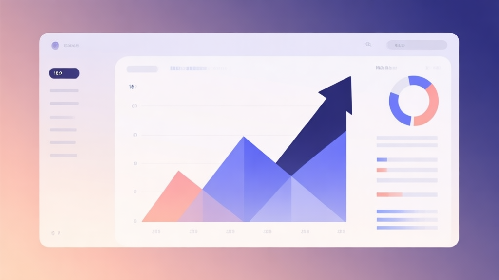 Minimalist business dashboard with abstract data visualization showing upward trend, soft gradient background, professional color scheme, clean geometric shapes, flat design style high quality illustration, detailed, 16:9