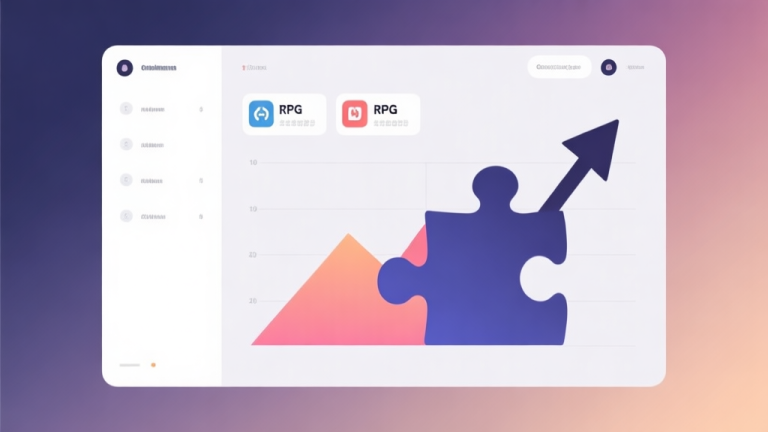 自动生成图片: Minimalist business dashboard with abstract data visualization showing upward trends in puzzle and RPG categories, soft gradient background, professional color scheme, clean geometric shapes, flat design style high quality illustration, detailed, 16:9