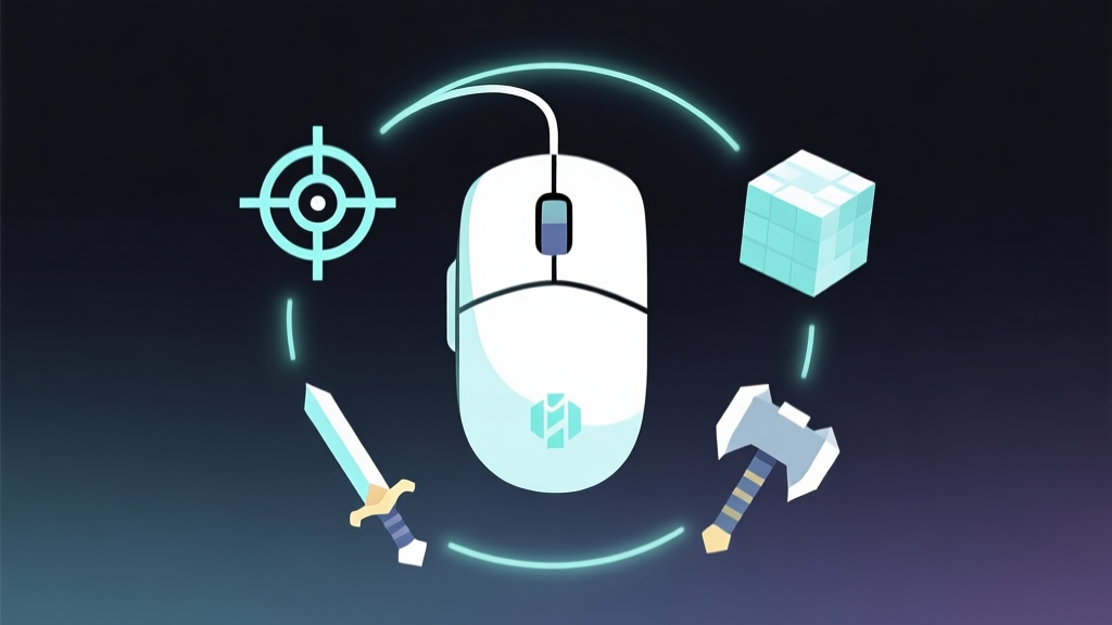 A minimalist, abstract illustration of a gaming mouse at the center, with three distinct gaming icons (a tactical crosshair, a fantasy sword, and a blocky pickaxe) orbiting around it, connected by subtle glowing lines on a dark gradient background, representing versatility across genres. high quality illustration, detailed, 16:9