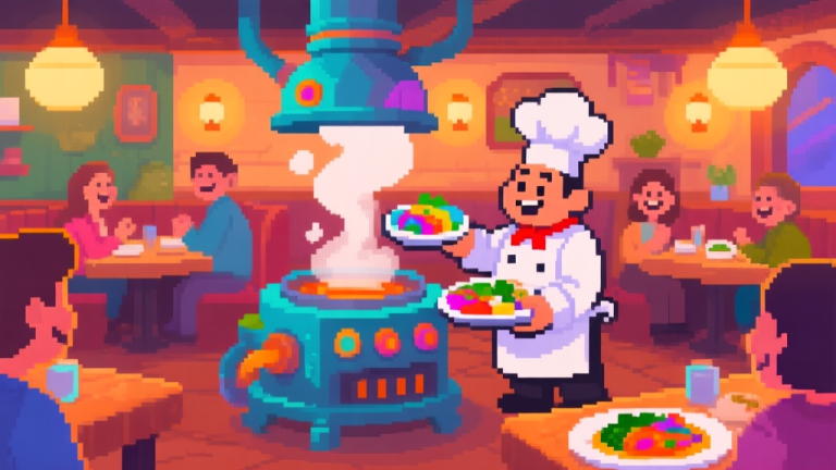 自动生成图片: A vibrant, cozy pixel-art restaurant interior with a fantastical cooking machine at the center, steam rising from it. A friendly chef character is serving colorful, abstract dishes to happy customers, warm lighting, inviting atmosphere, digital illustration style high quality illustration, detailed, 16:9